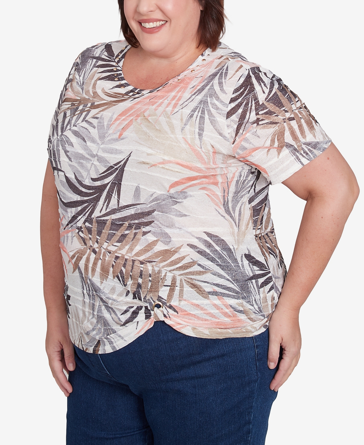 Alfred Dunner Plus Size Warm Palm Tree Short Sleeves Top In Neutral