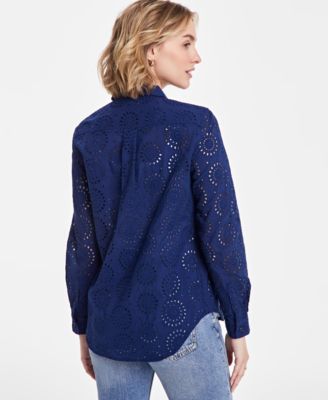 Women's Solid Eyelet Button-Up Shirt, Created for Macy's