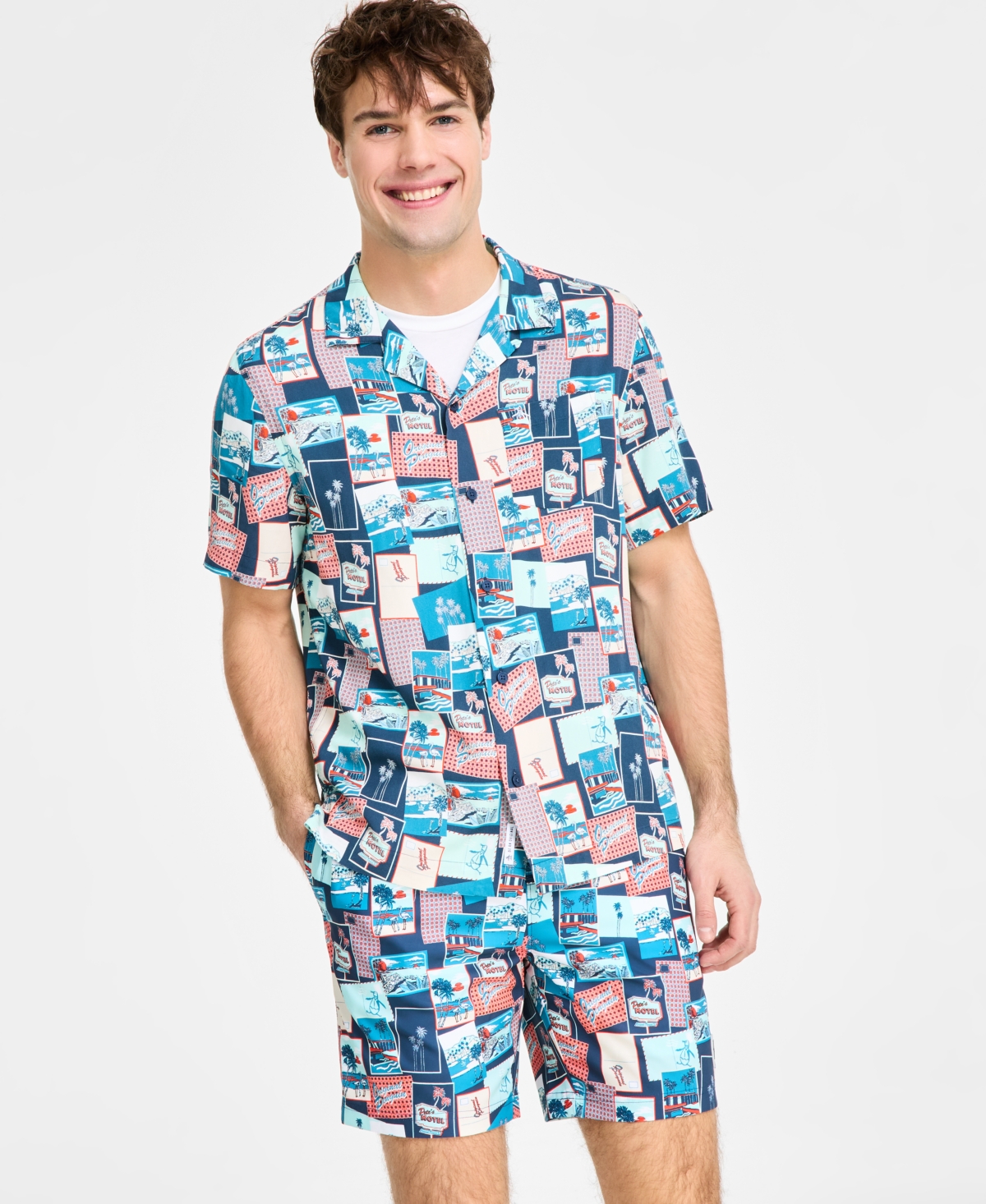 Men's Slim-Fit Tropical-Print Button-Down Camp Shirt - Blue Wing Teal