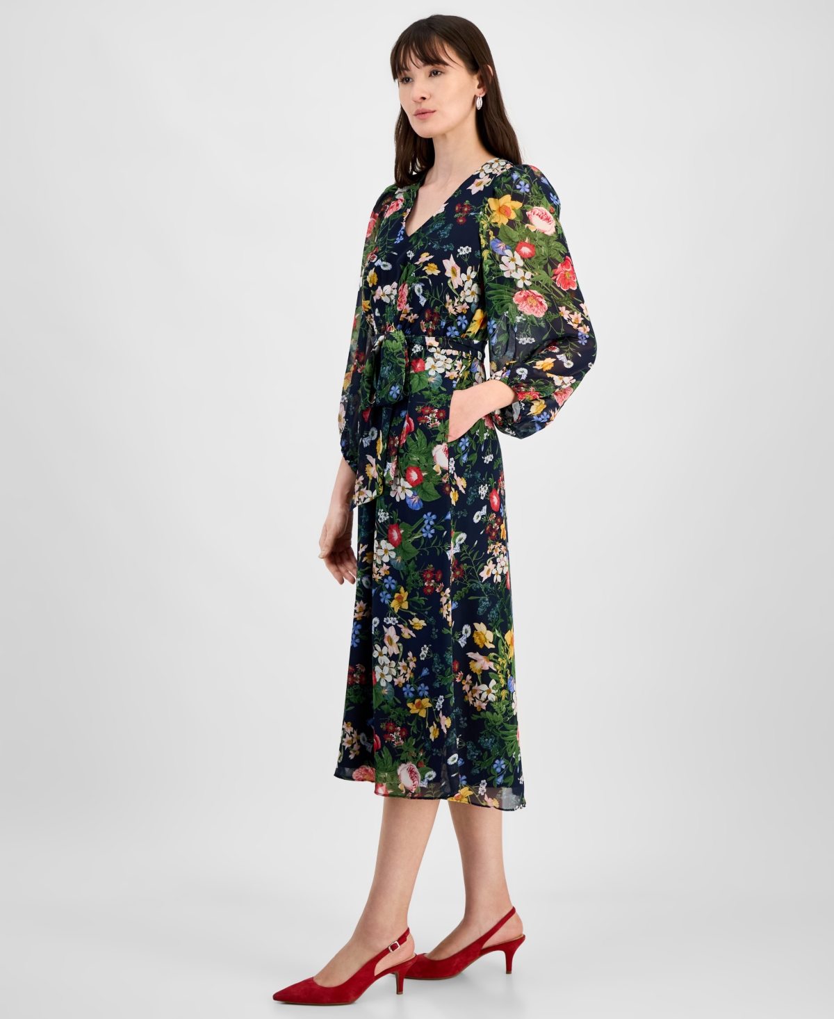 Anne Klein Floral Print Long Sleeve Chiffon Midi Dress In Distant Mountain Multi