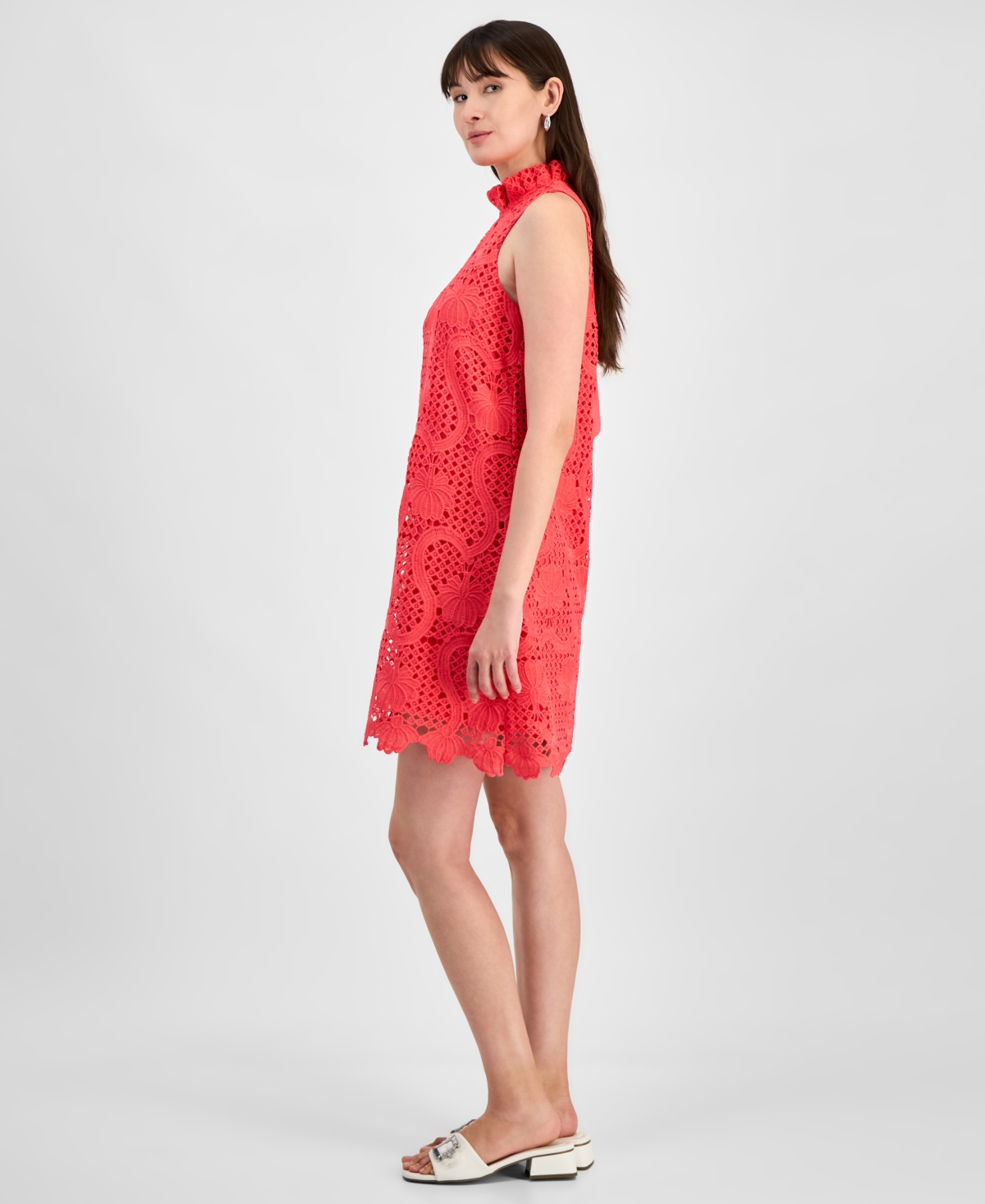 Anne Klein Ruffle Sleeveless Lace Overlay Shift Dress In Teaberry