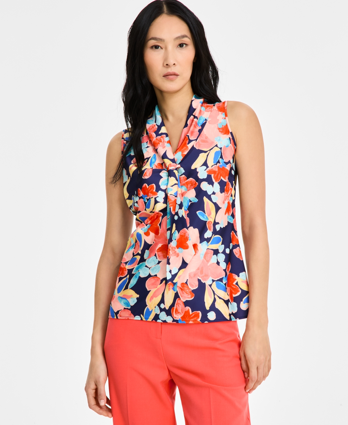 Printed Sailor Tie Blouse - Navy Coral Floral