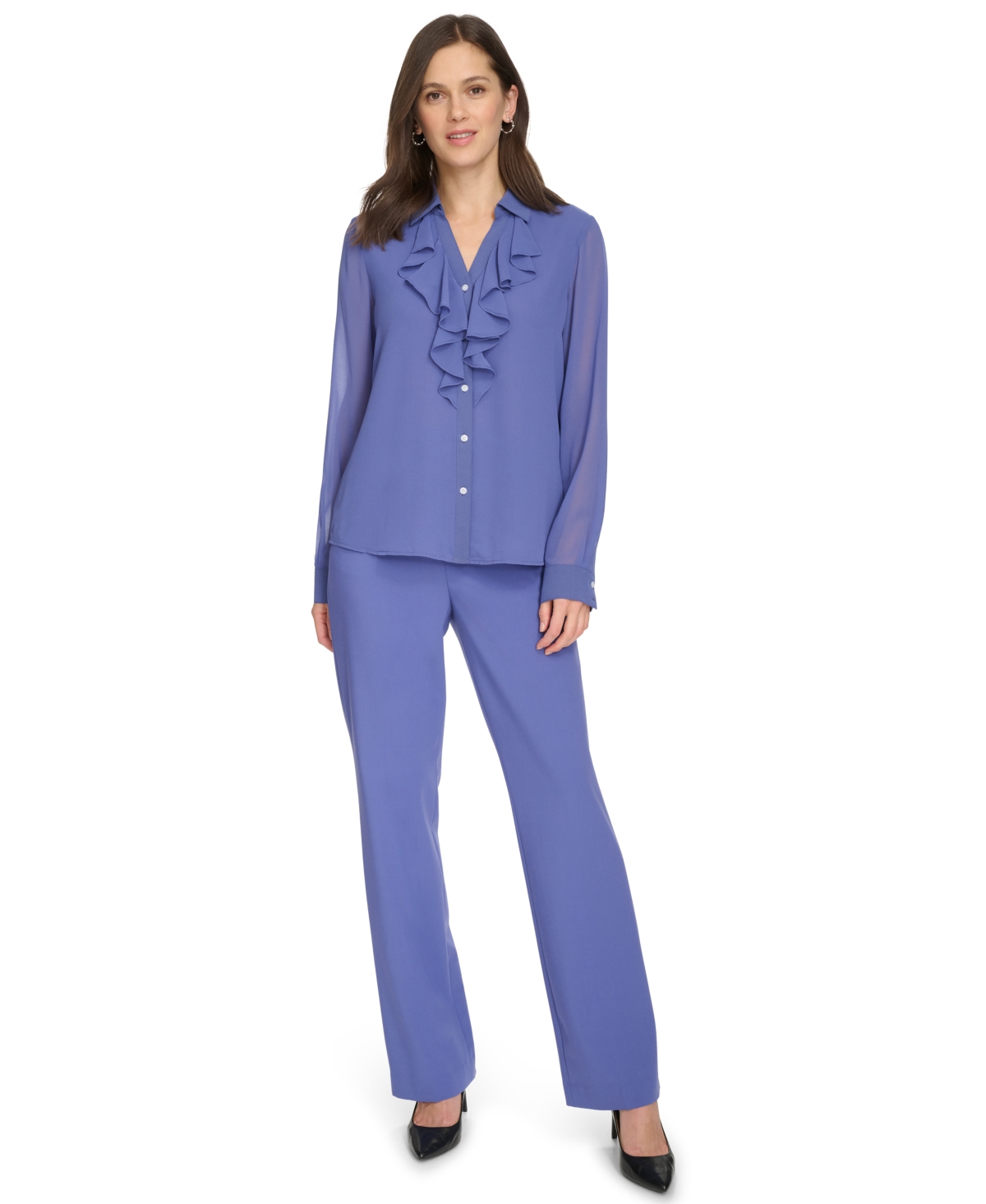 Calvin Klein Petite Ruffle-front Long-sleeve Blouse In Future Dusk