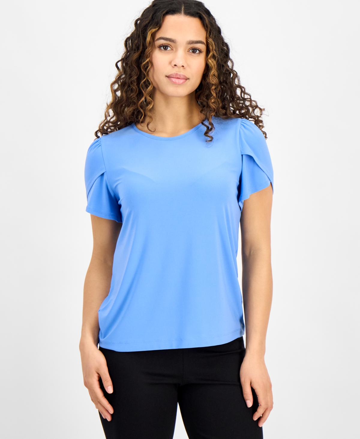 Ak Anne Klein Petite Tulip-sleeve Scoop-neck Top In Marina