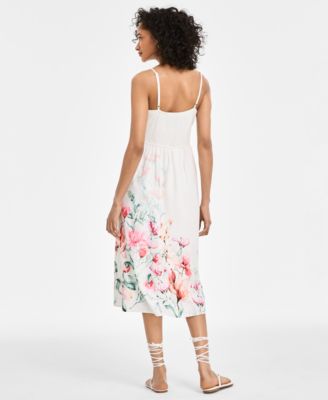 Juniors' Scalloped-Neck Placed Floral Midi Dress