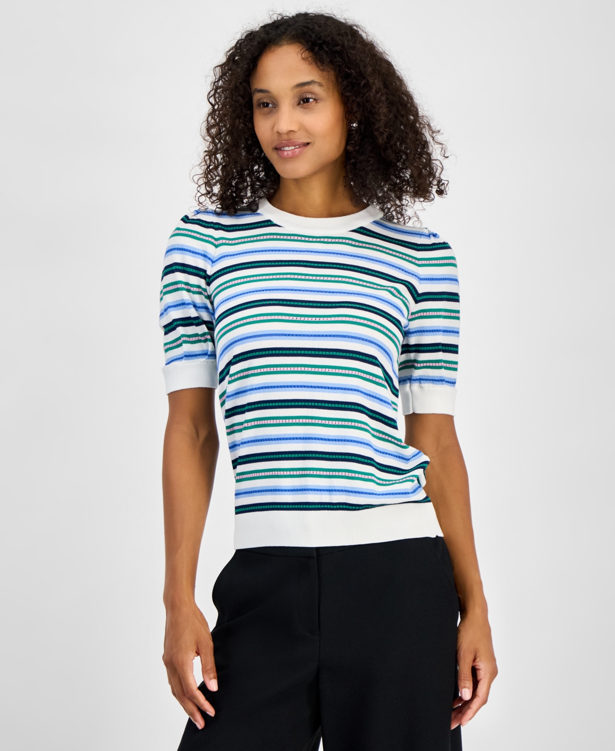 T Tahari Crewneck Sweater In Blue Marina And Green Wave Cb