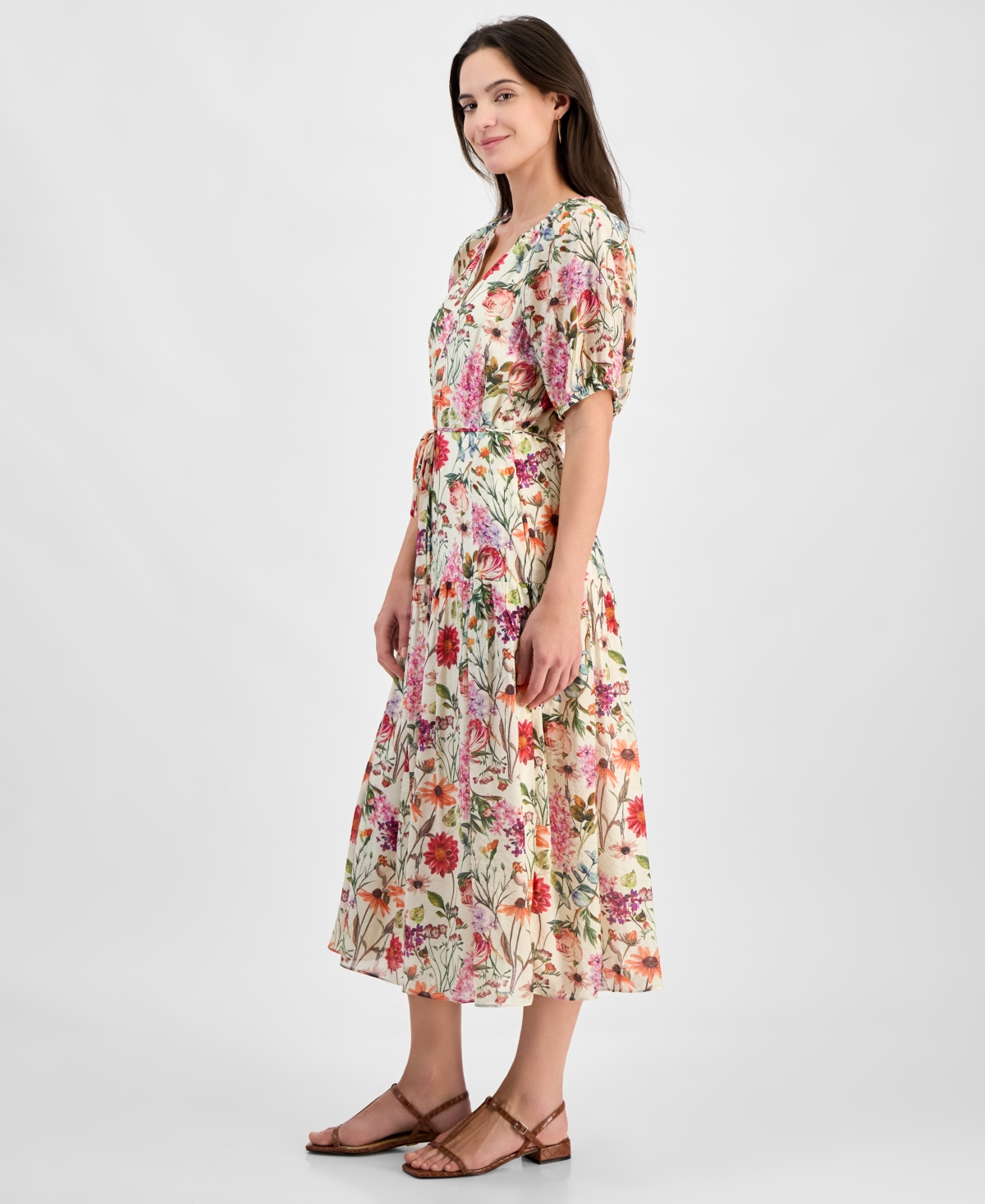 Julia Jordan Women's Printed Short-bubble-sleeve Midi Dress In Ivory,mult