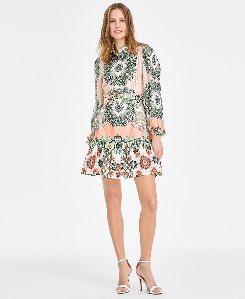alfani Anne Klein Petite Printed Long-Sleeve Tie-Waist Dress Women's Fashion Shoes & Accessories
