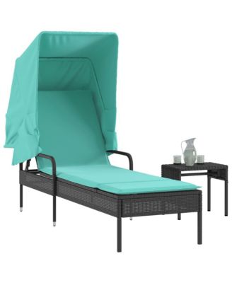 Sun Lounger with Canopy and Table Black Poly Rattan