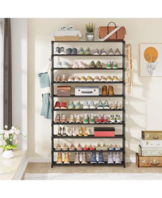 10-Tier Shoe Rack Metal with Hooks, Large Capacity Home Shoe Rack, Tall Shoe Storage Organizer for 50 Pairs, Space Saving Shoe Organization and Storage, Black