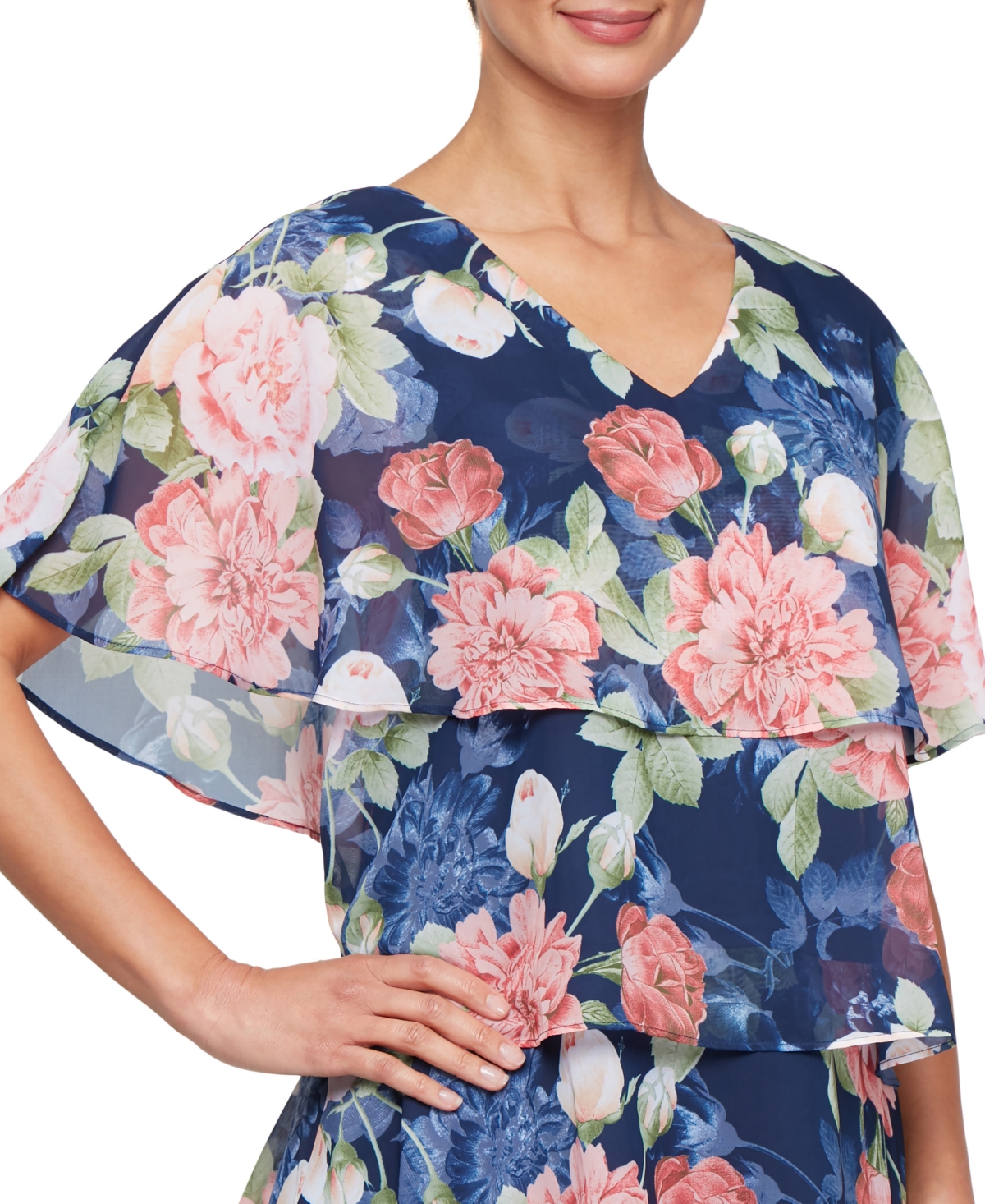 Sl Fashions Women's Floral Cape-overlay Tiered Dress