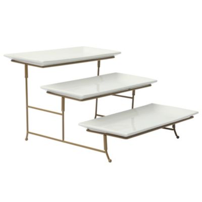 Gracious Dining Dinnerware, 3-Tier Rectangle Plate Serving Set with Gold Metal Stand, White
