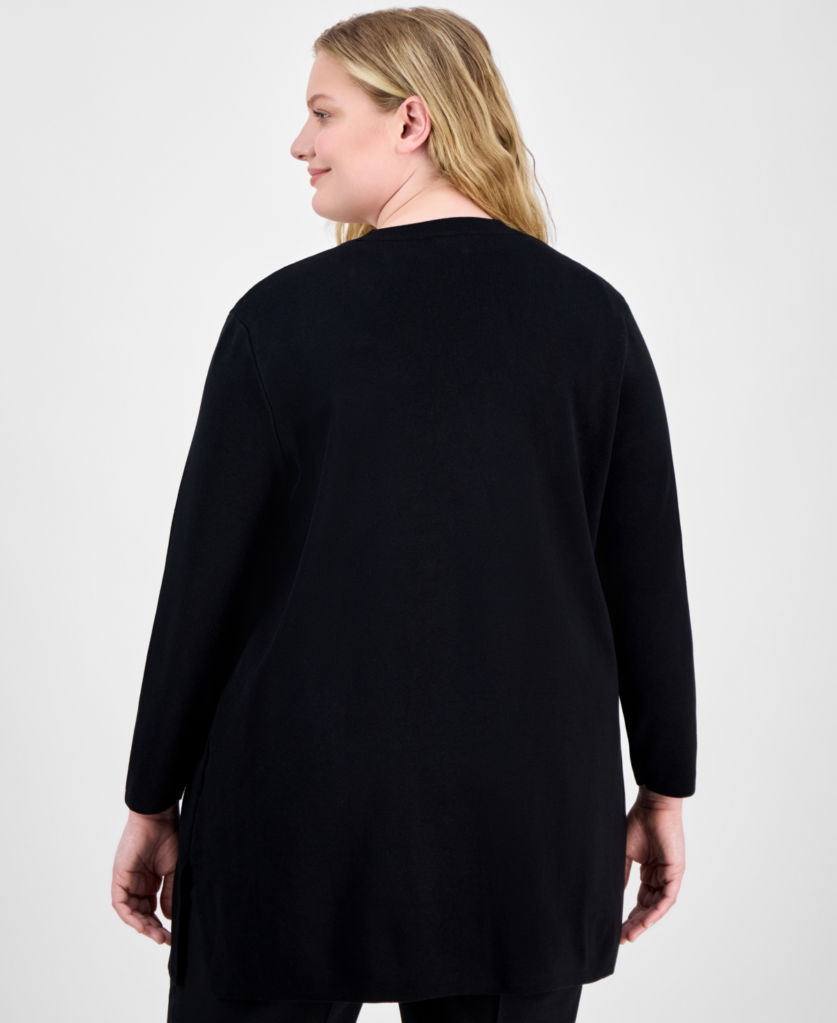 AK ANNE KLEIN PLUS SIZE OPEN-FRONT LONG-SLEEVE SIDE-SLIT CARDIGAN 