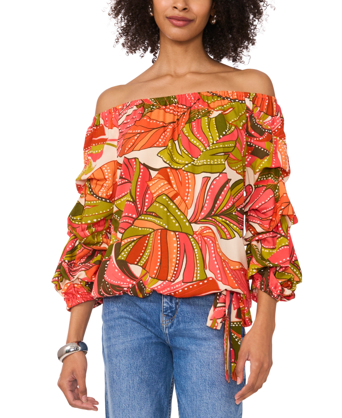 VINCE CAMUTO WOMEN'S TROPICAL-PRINT OFF-THE-SHOULDER BUBBLE 3/4-SLEEVE TIE-FRONT BLOUSE 