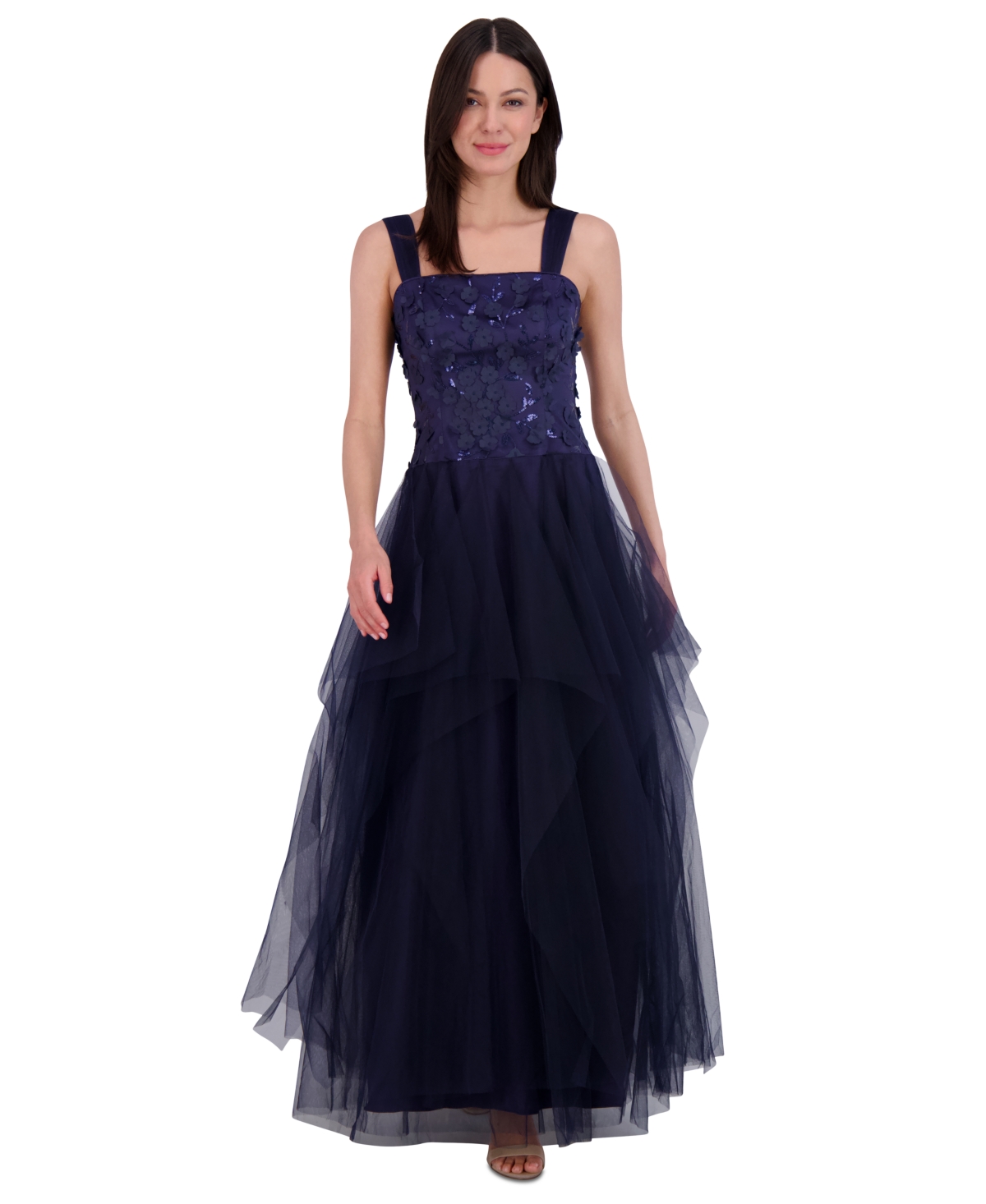 Shop Eliza J Women's Embellished Flower Sleeveless Tulle Gown In Navy