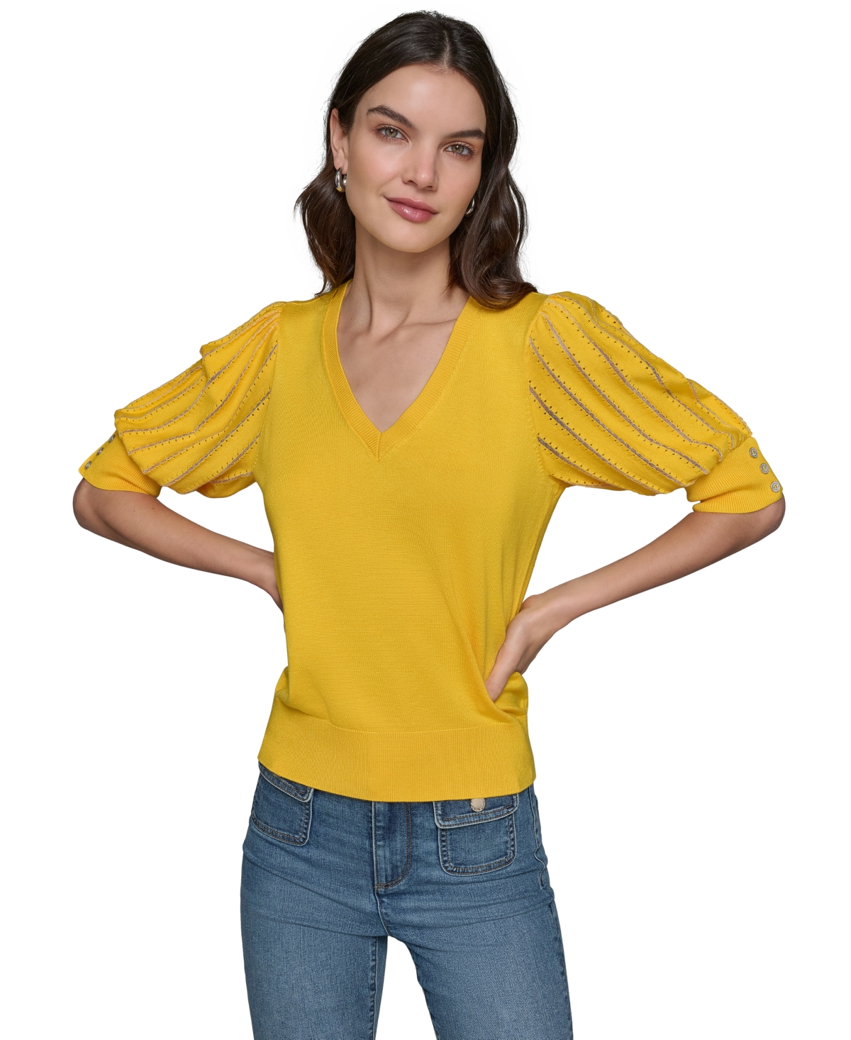 Shop Karl Lagerfeld Women's Puffed-sleeve V-neck Sweater In Daffodil