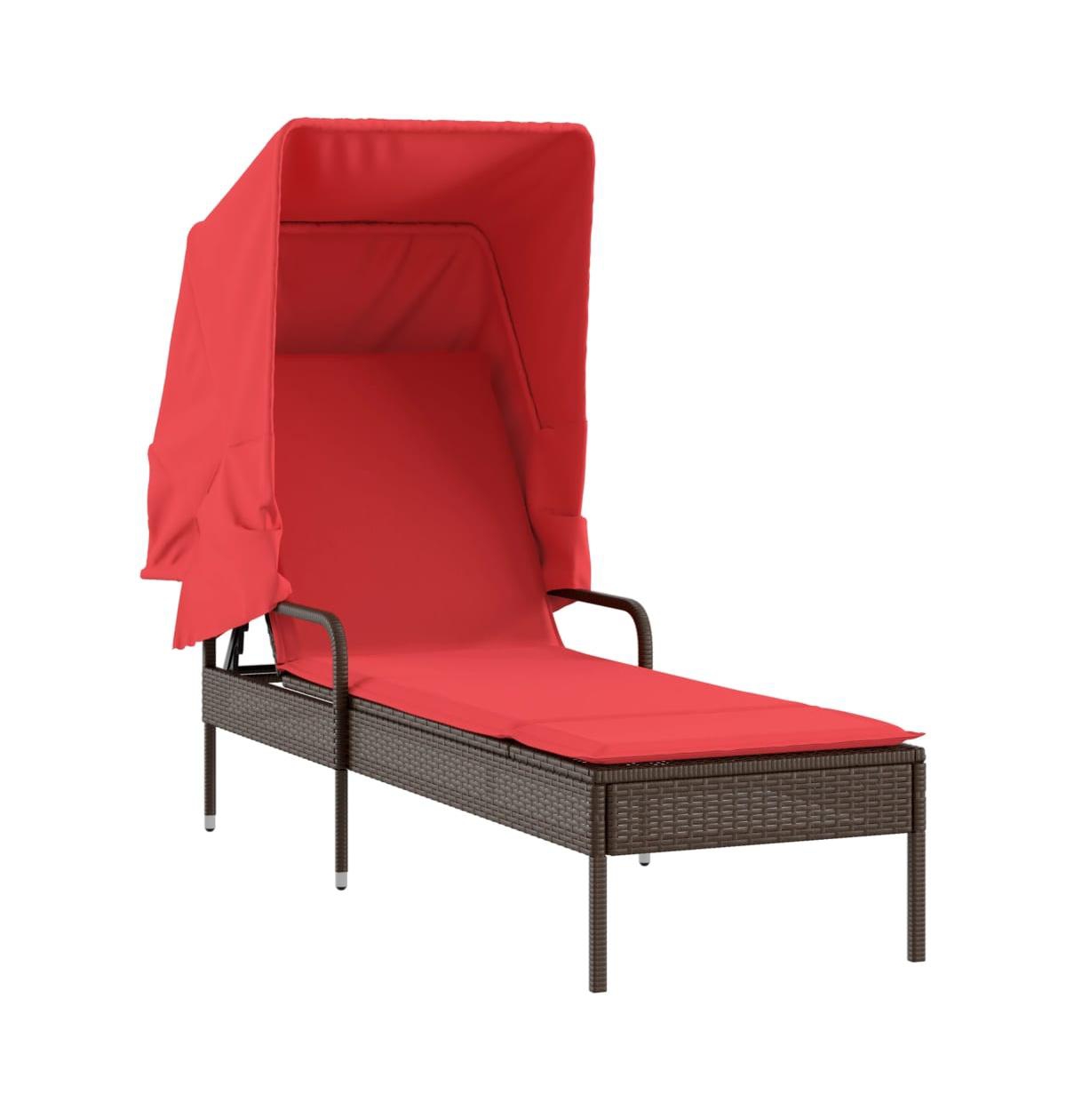 Sun Lounger with Canopy and Table Brown Poly Rattan