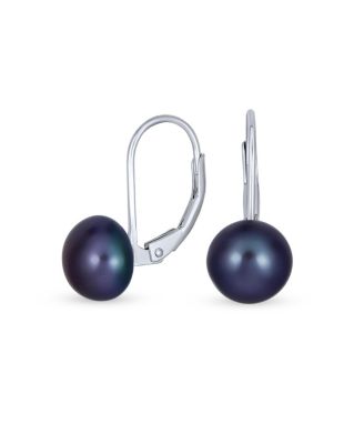 Simple Iridescent Peacock Freshwater Cultured Pearl Round Drop Ball Earrings Sterling