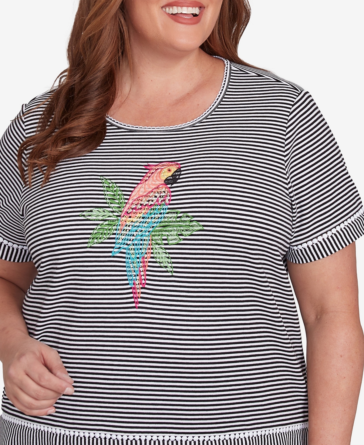 Alfred Dunner Plus Size Classic Crew Neck Parrot Striped Tee In Black