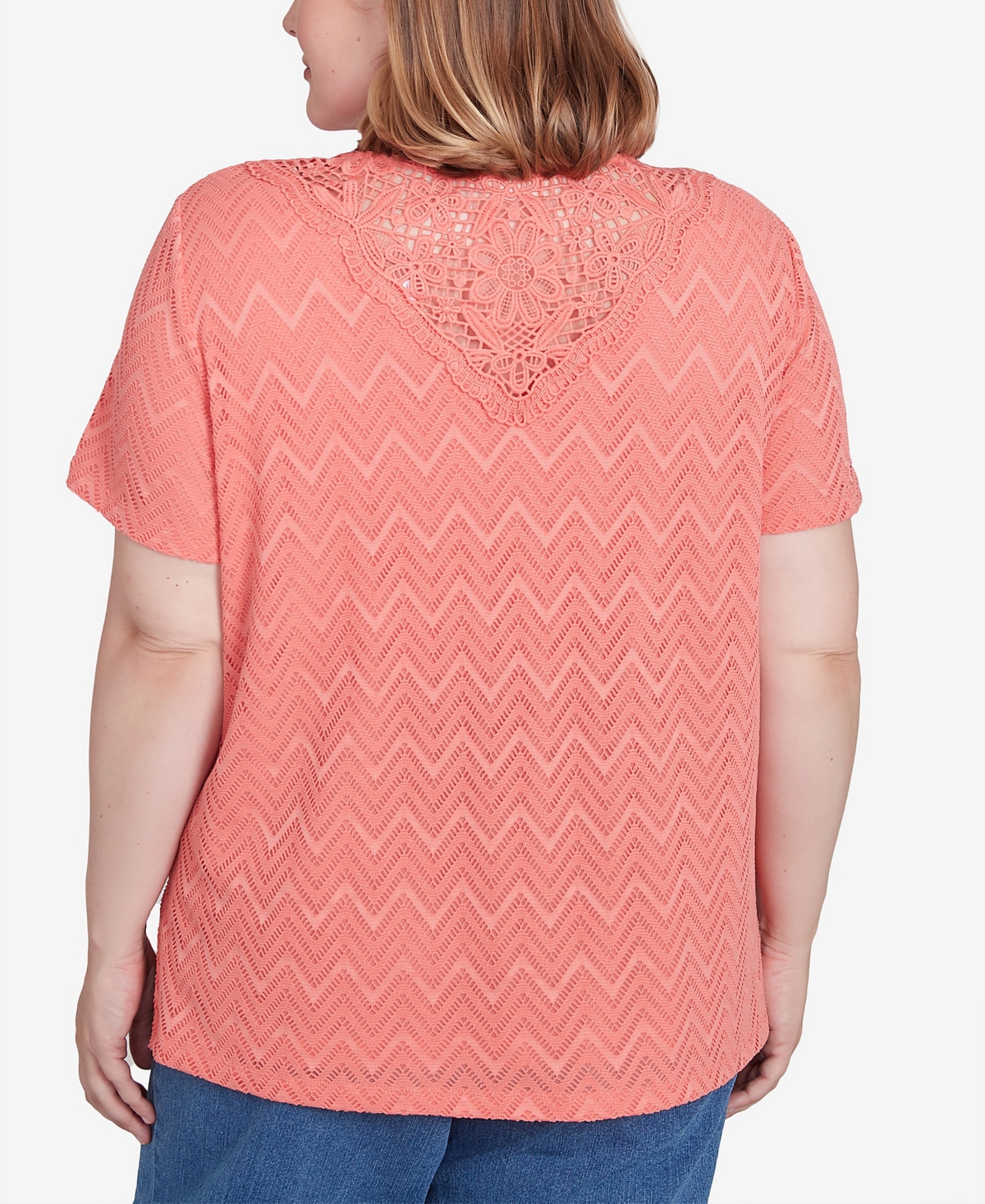 Alfred Dunner Plus Size Classic Textured Chevron Lace Back Tee In Coral