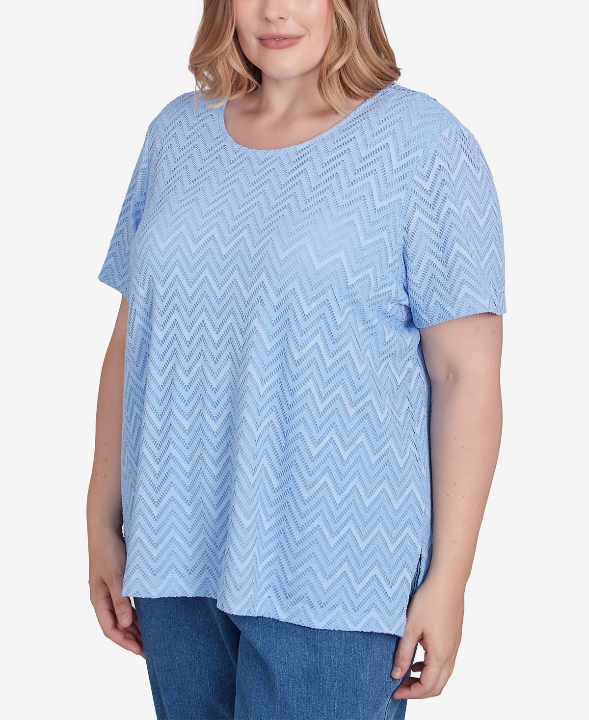 Alfred Dunner Plus Size Classic Textured Chevron Lace Back Tee In Iris