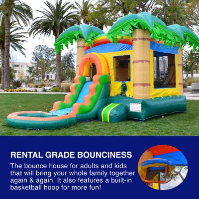 HeroKiddo Tropical Breeze Commercial Grade Bounce House Water Slide with Splash Pool for Kids and Adults (with Blower), Basketball Hoop, Outdoor Indoor, Wet Dry Combo, Birthday Party, Summer Fun