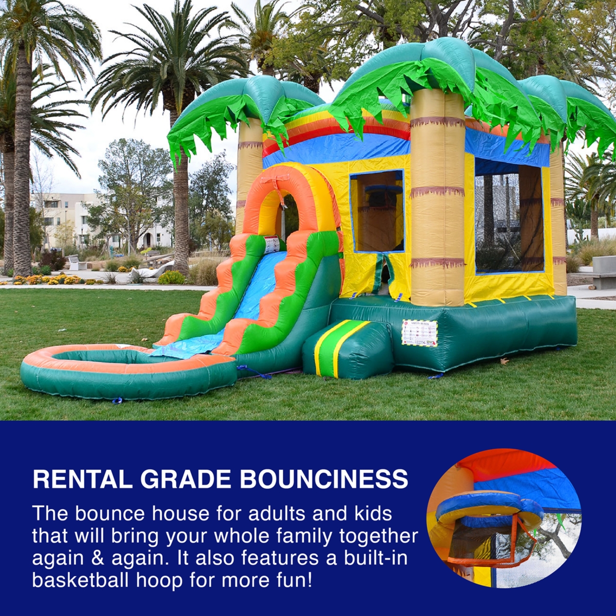 HeroKiddo Tropical Breeze Commercial Grade Bounce House Water Slide with Splash Pool for Kids and Adults (with Blower), Basketball Hoop, Outdoor Indoo