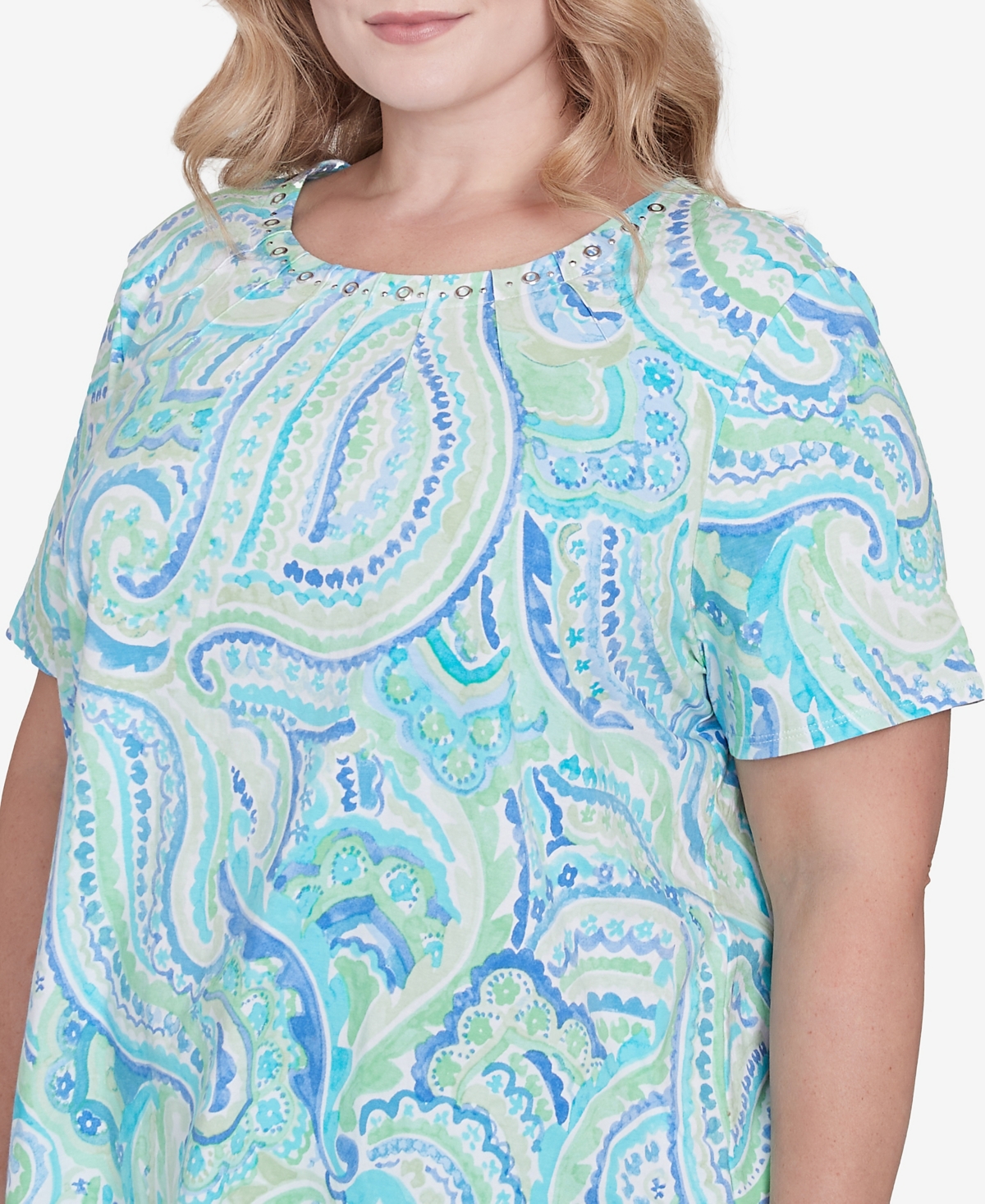Alfred Dunner Plus Size Pleated Crew Neck Paisley Top In Multi Blue