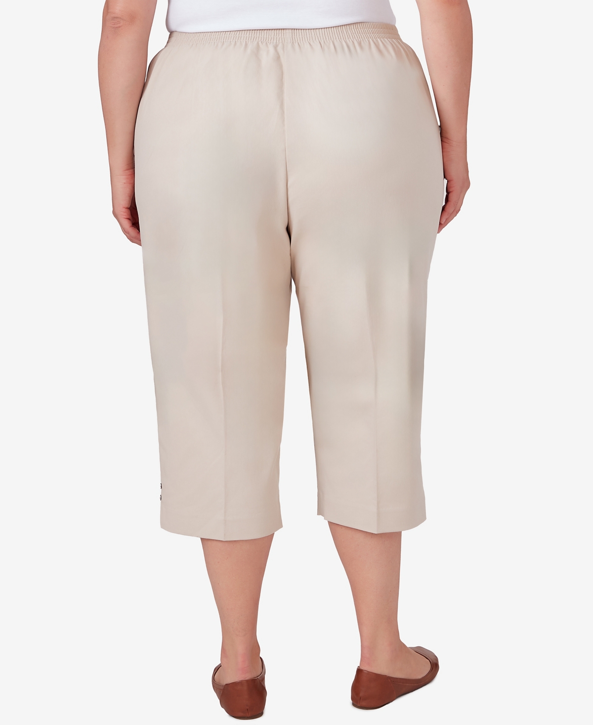 Alfred Dunner Plus Size Classic Neutrals Pull On Button Hem Twill Capri Pants In Stone