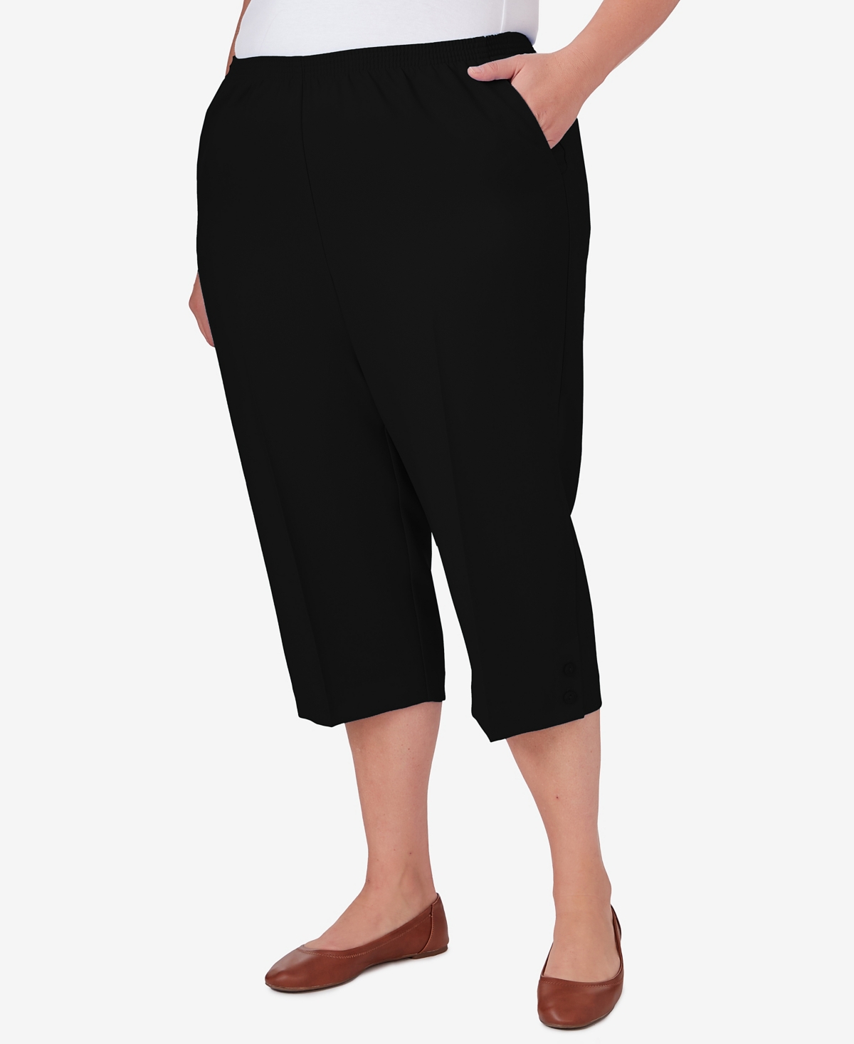Alfred Dunner Plus Size Classic Stretch Waist Accord Capri Pants With Button Hem In Black
