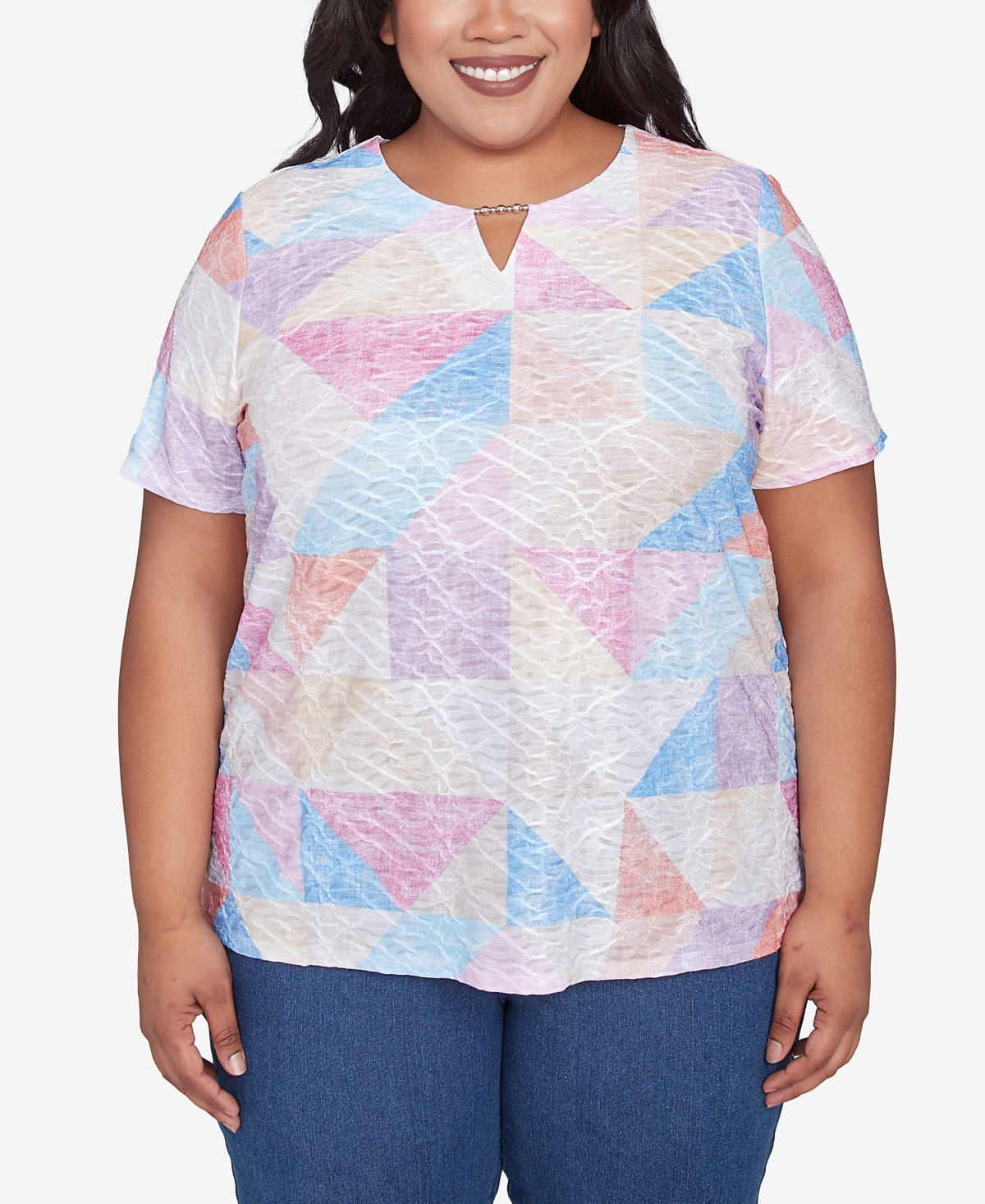 Alfred Dunner Plus Size Geometric Patchwork Crew Neck Top In Pastel