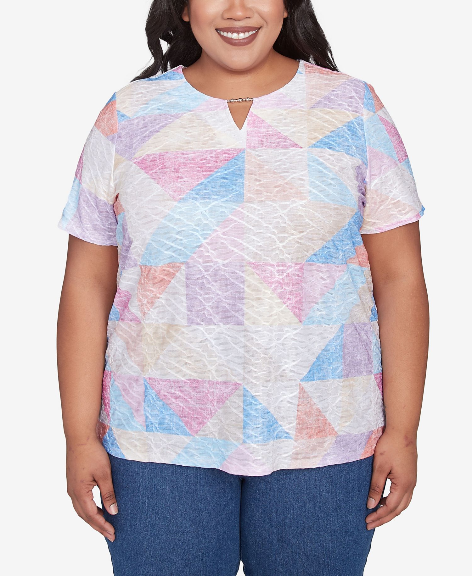 Plus Size Geometric Patchwork Crew Neck Top