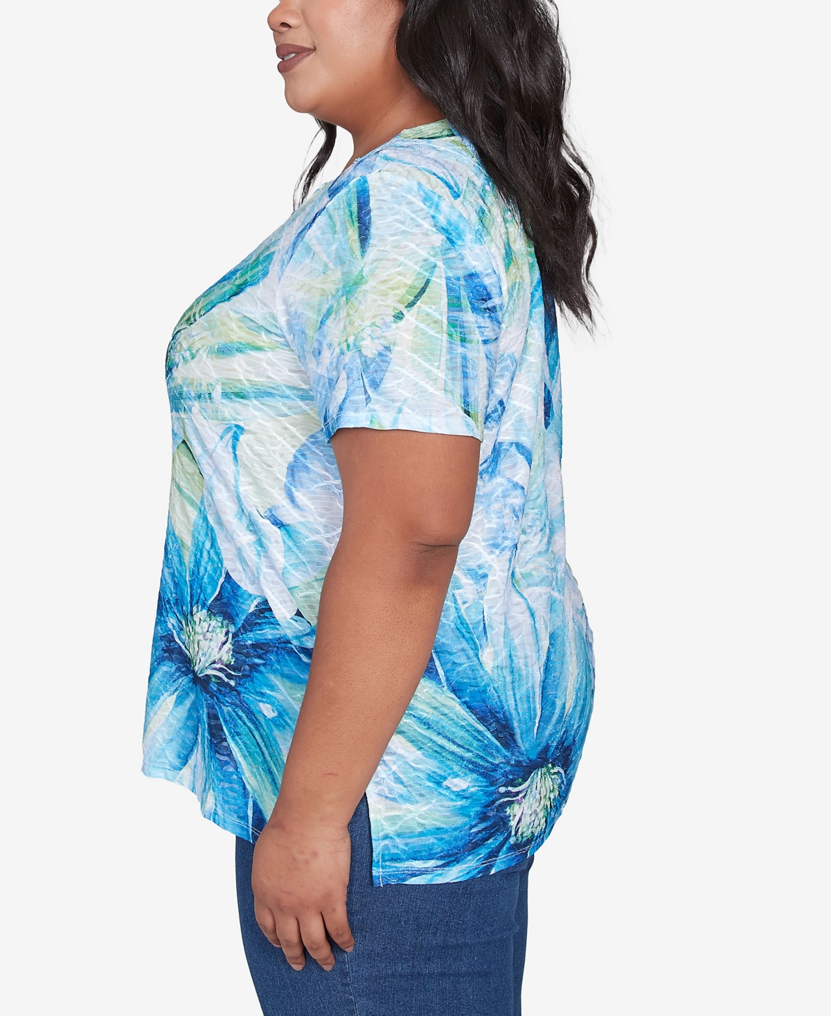 Alfred Dunner Petite Summer Breeze Floral Watercolor Top In Blue