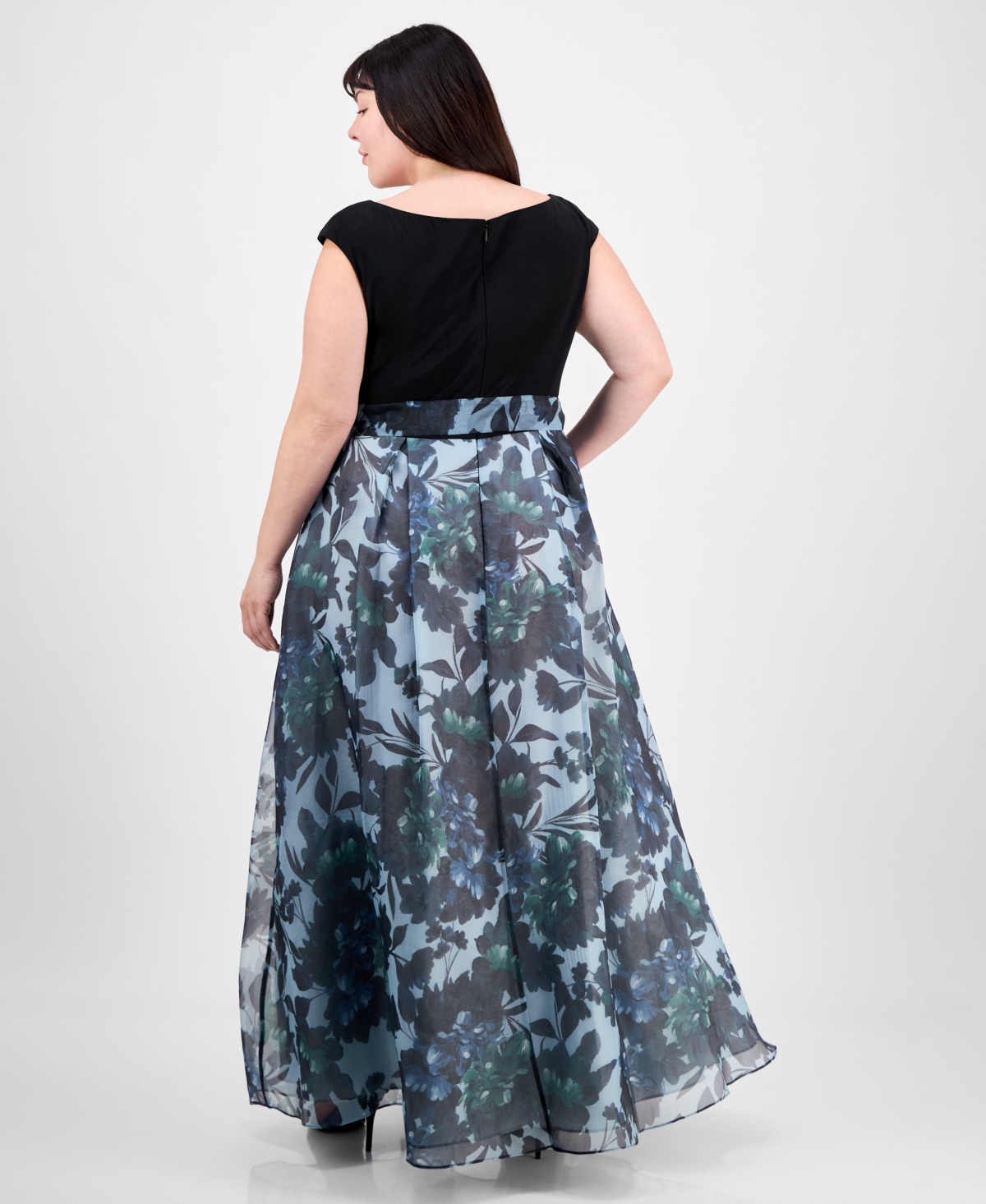 Shop Sl Fashions Plus Size Tie-front Printed Organza Ballgown In Black Multi