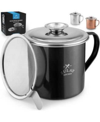 Stainless Steel Bacon Grease Container With Strainer, Lid & Handle