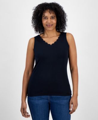 Women's Cotton Scalloped V-Neck Sleeveless Top