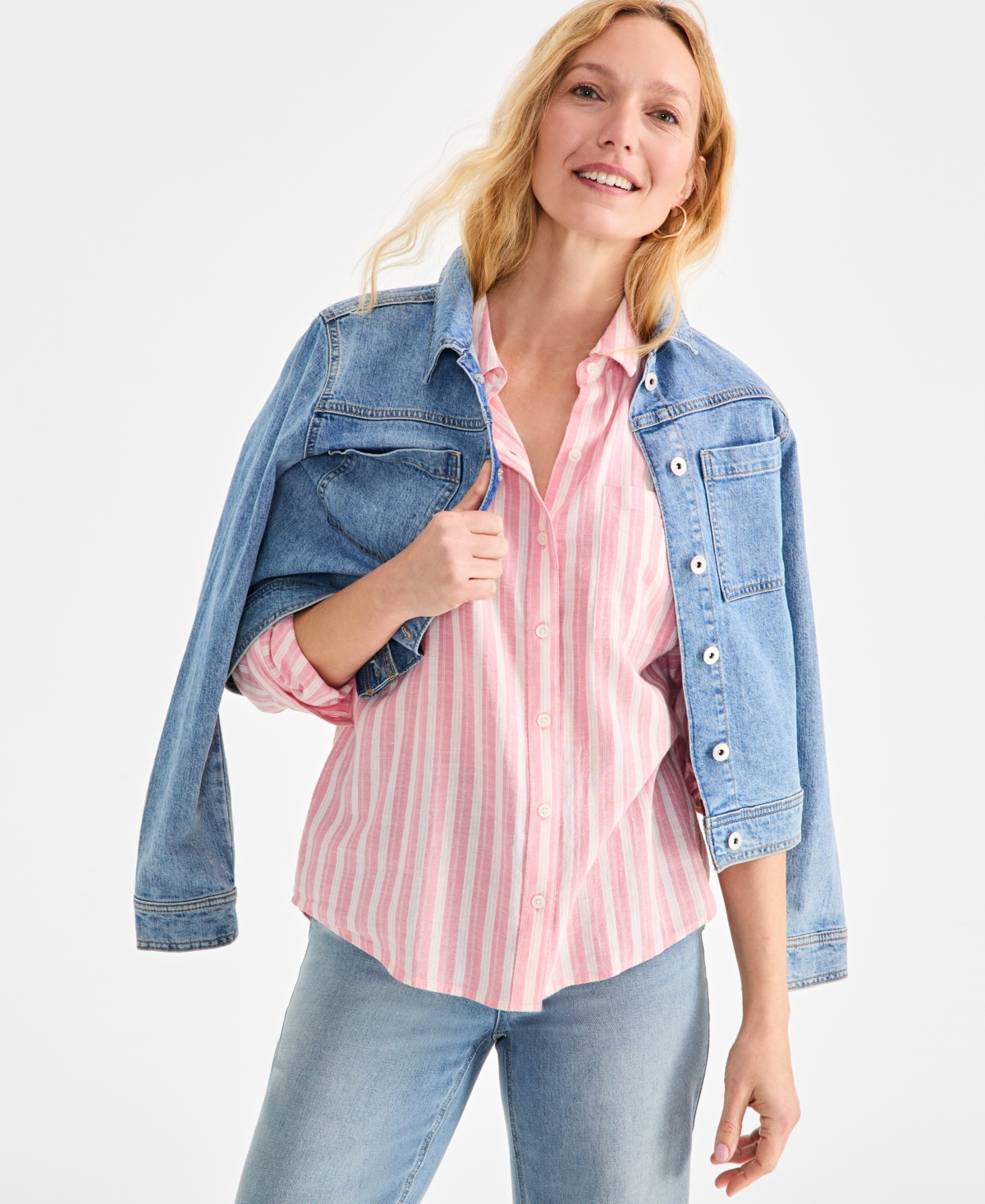 Shop Style & Co Women's Striped Long-sleeve Perfect Shirt, Exclusively At Macy's In Stripe Salmon