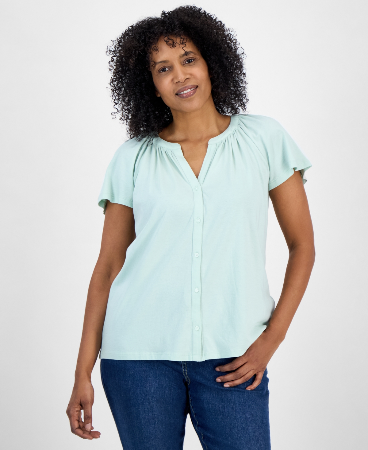 Petite Button-Front Flutter-Sleeve Top, Exclusively at Macy's - Garden Blue