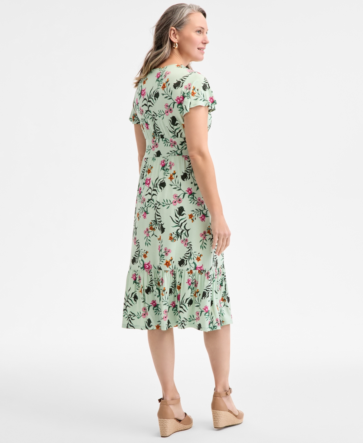 Style & Co Women's Printed V-neck Flutter-sleeve Knit Dress, Exclusively At Macy's In Fauna Mint
