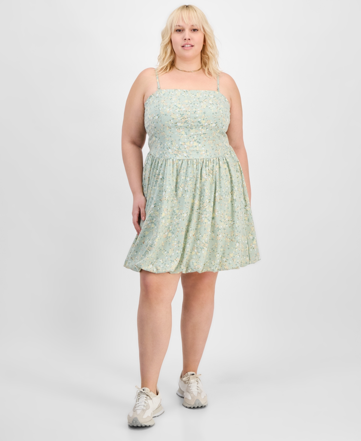 Trendy Plus Size Smocked Floral Bubble-Hem Dress - Egret Blue