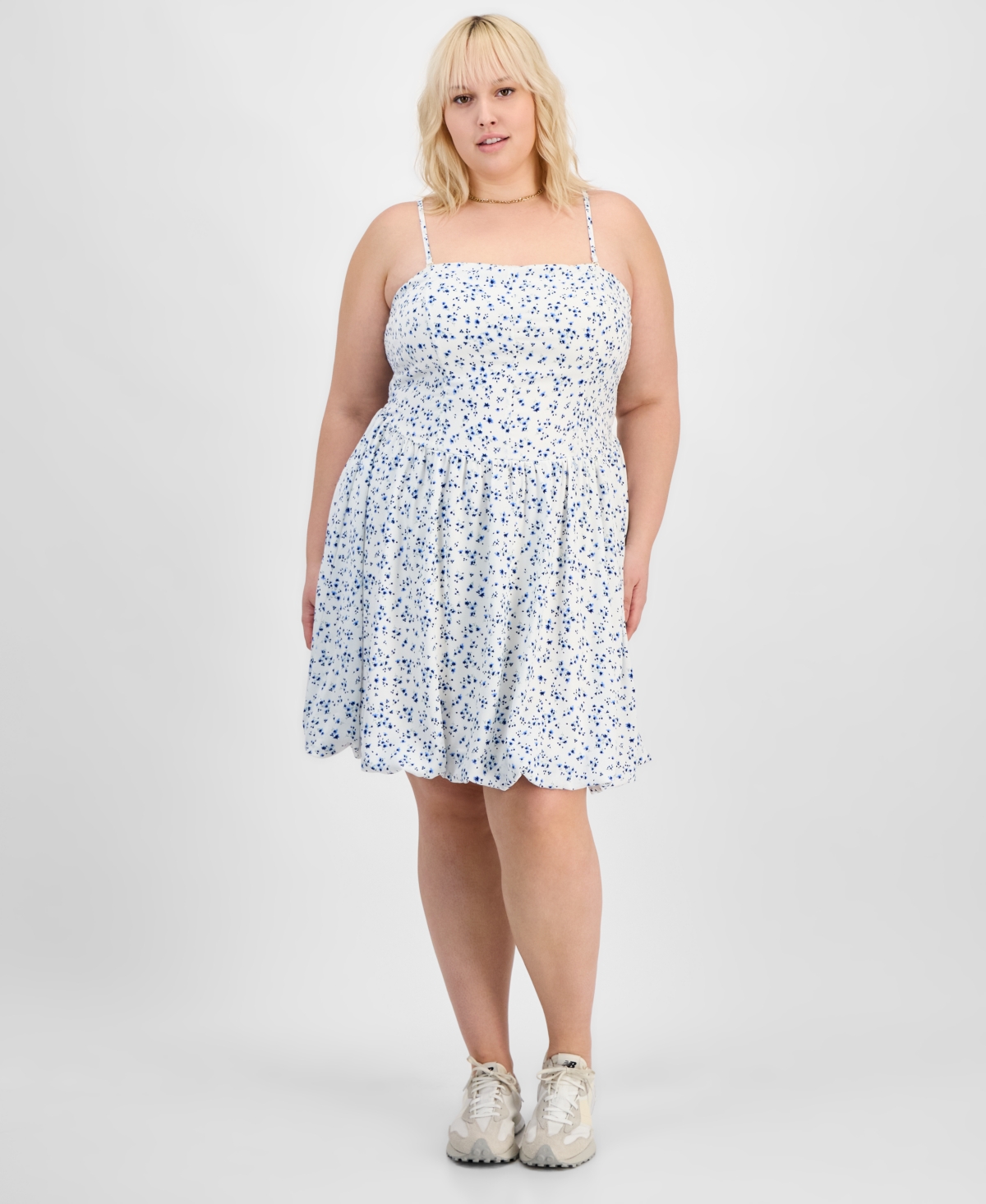 Trendy Plus Size Smocked Floral Bubble-Hem Dress - Egret Blue
