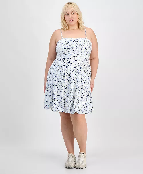 trendy plus size smocked floral bubble-hem dress