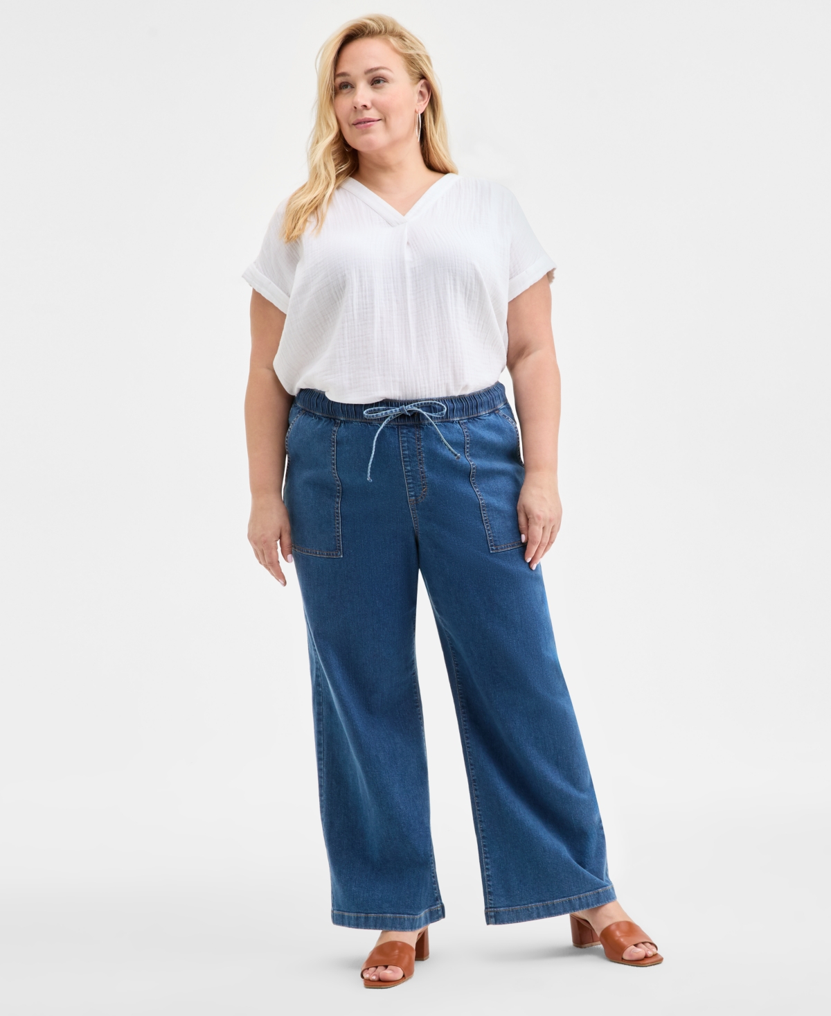 Plus Size High-Rise Wide-Leg Jeans, Exclusively at Macy's - Medium Light Wash
