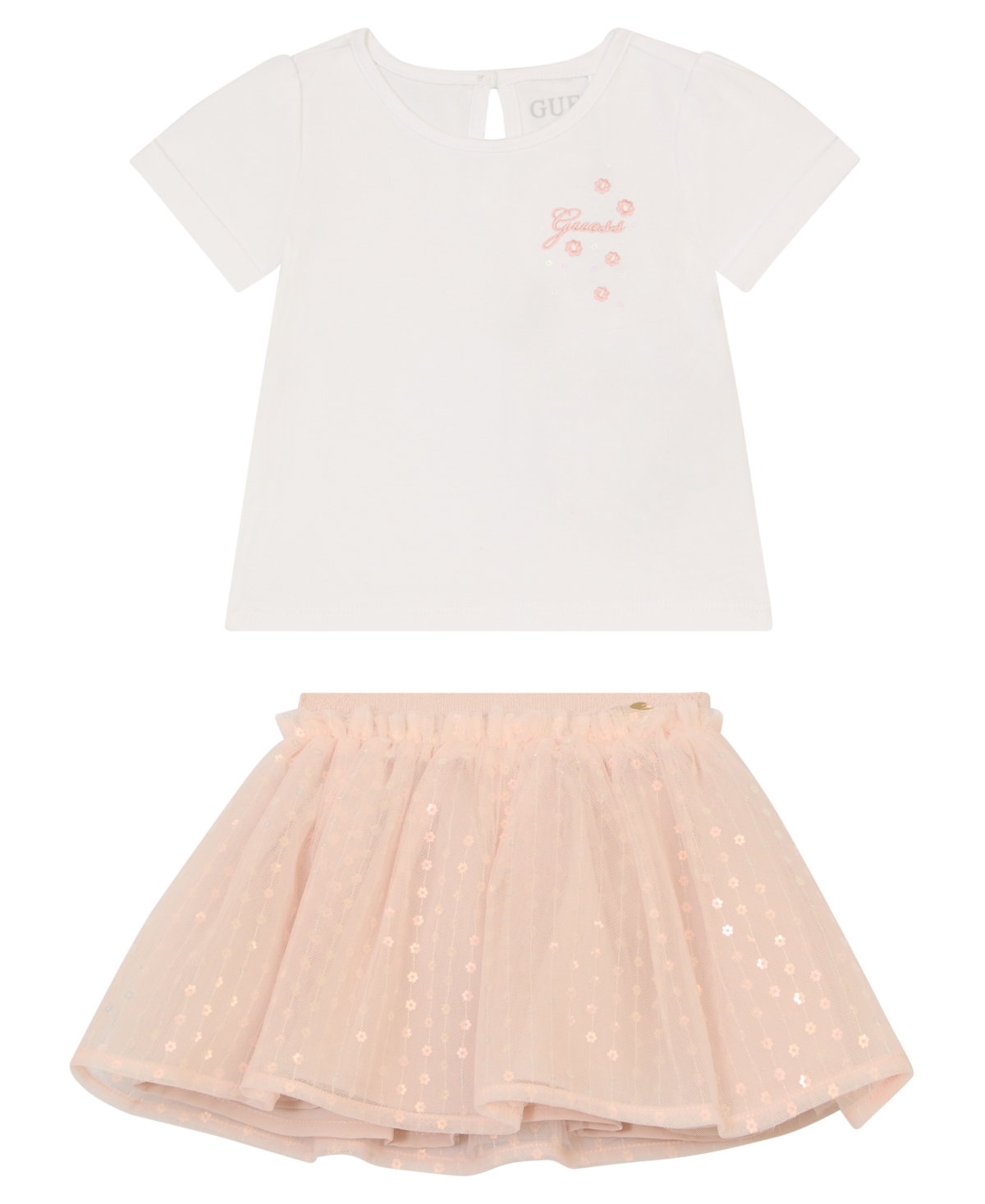 Guess Baby Girl 2-piece Short Sleeve T-shirt And Mesh Sequin Skirt In White