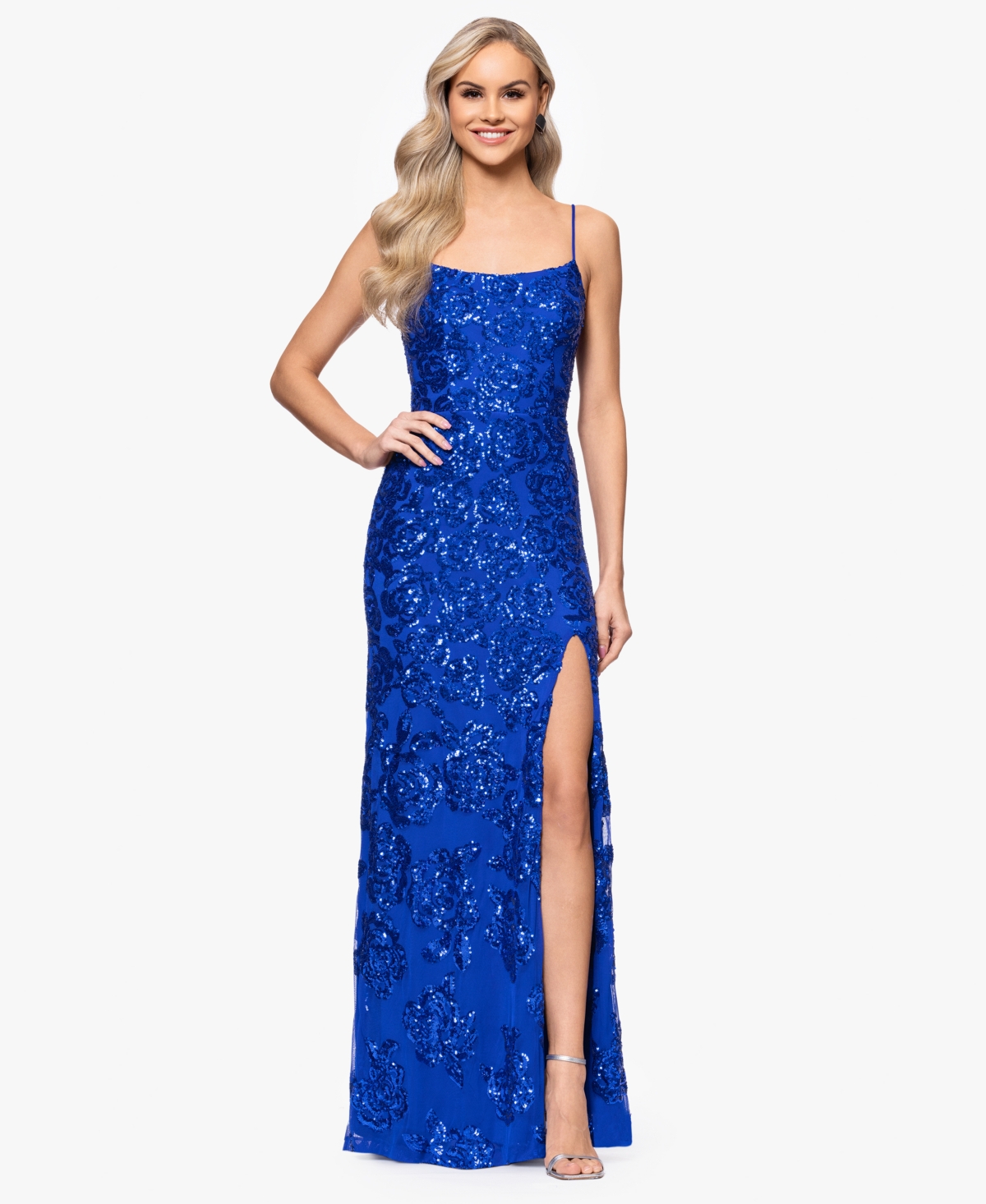 Juniors' Sequin-Rose Side-Slit Gown - Royal