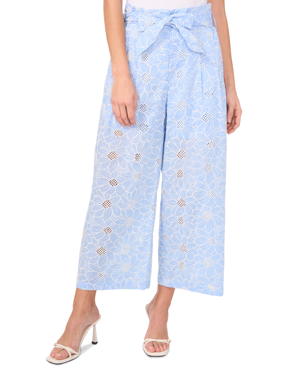 Women's Floral-Embroidered Tie-Waist Wide-Leg Pants - Waterfall