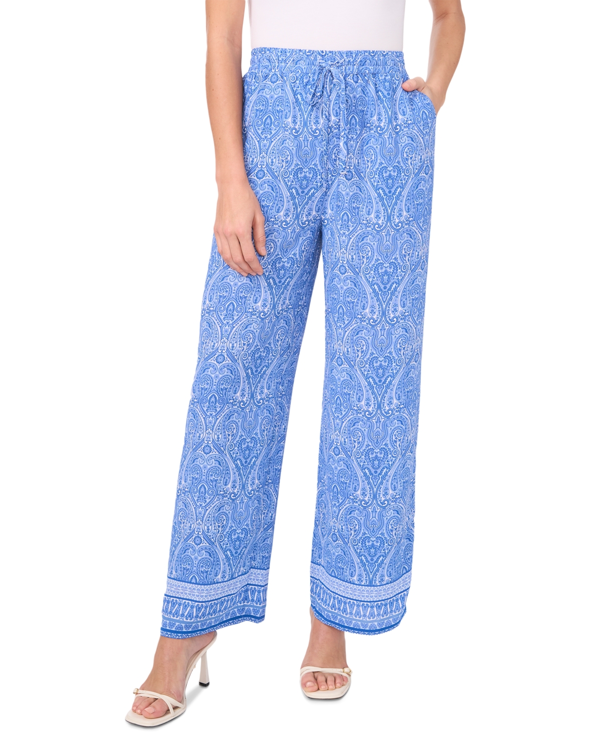 Women's Printed Drawstring Wide-Leg Pull-On Pants - Spa Blue
