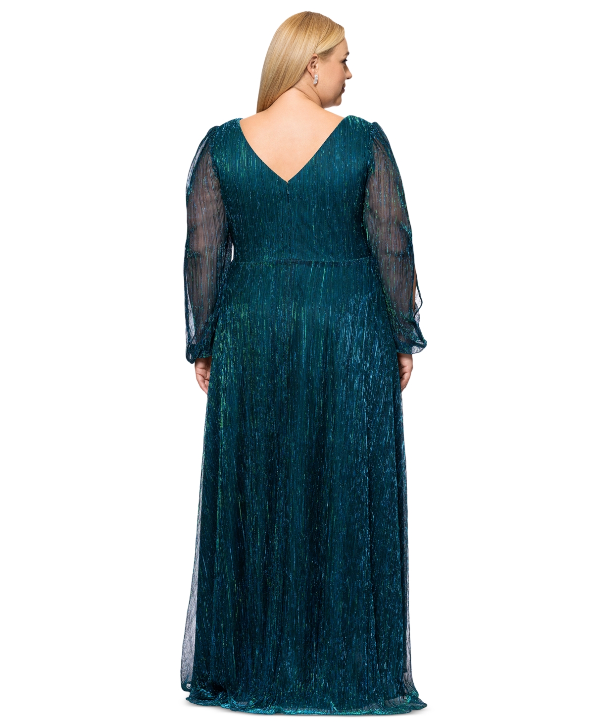 BETSY & ADAM PLUS SIZE METALLIC PLEATED SPLIT-SLEEVE GOWN 