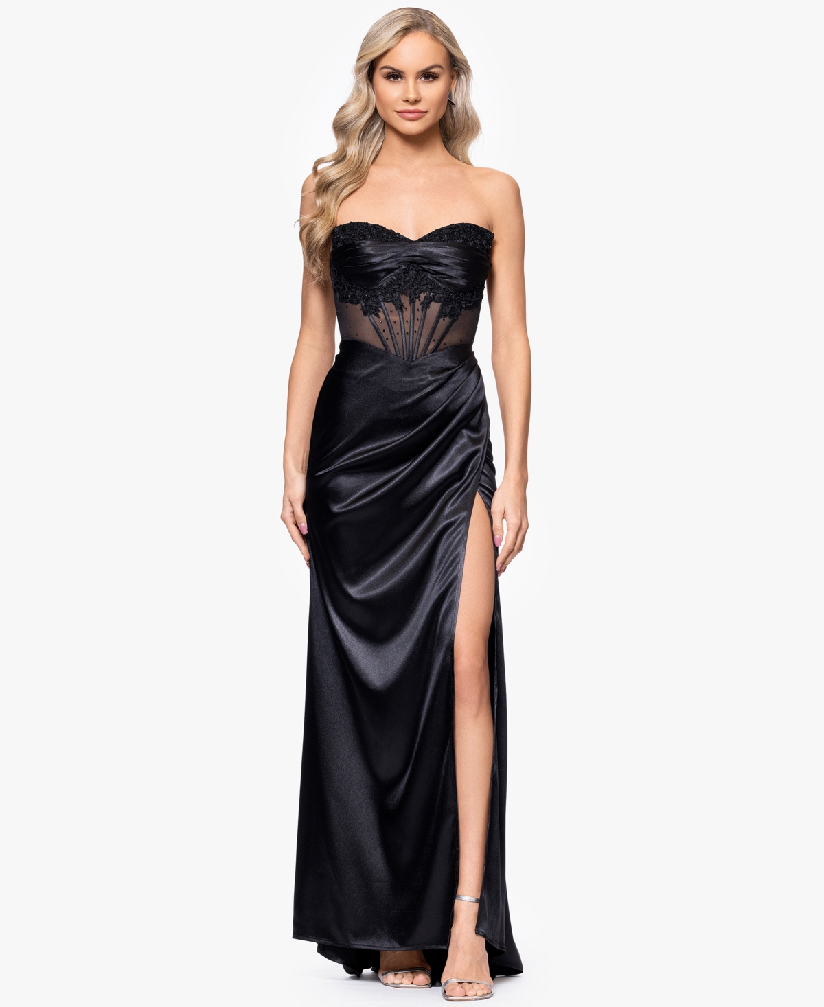 Juniors' Satin Illusion-Corset Gown - Black