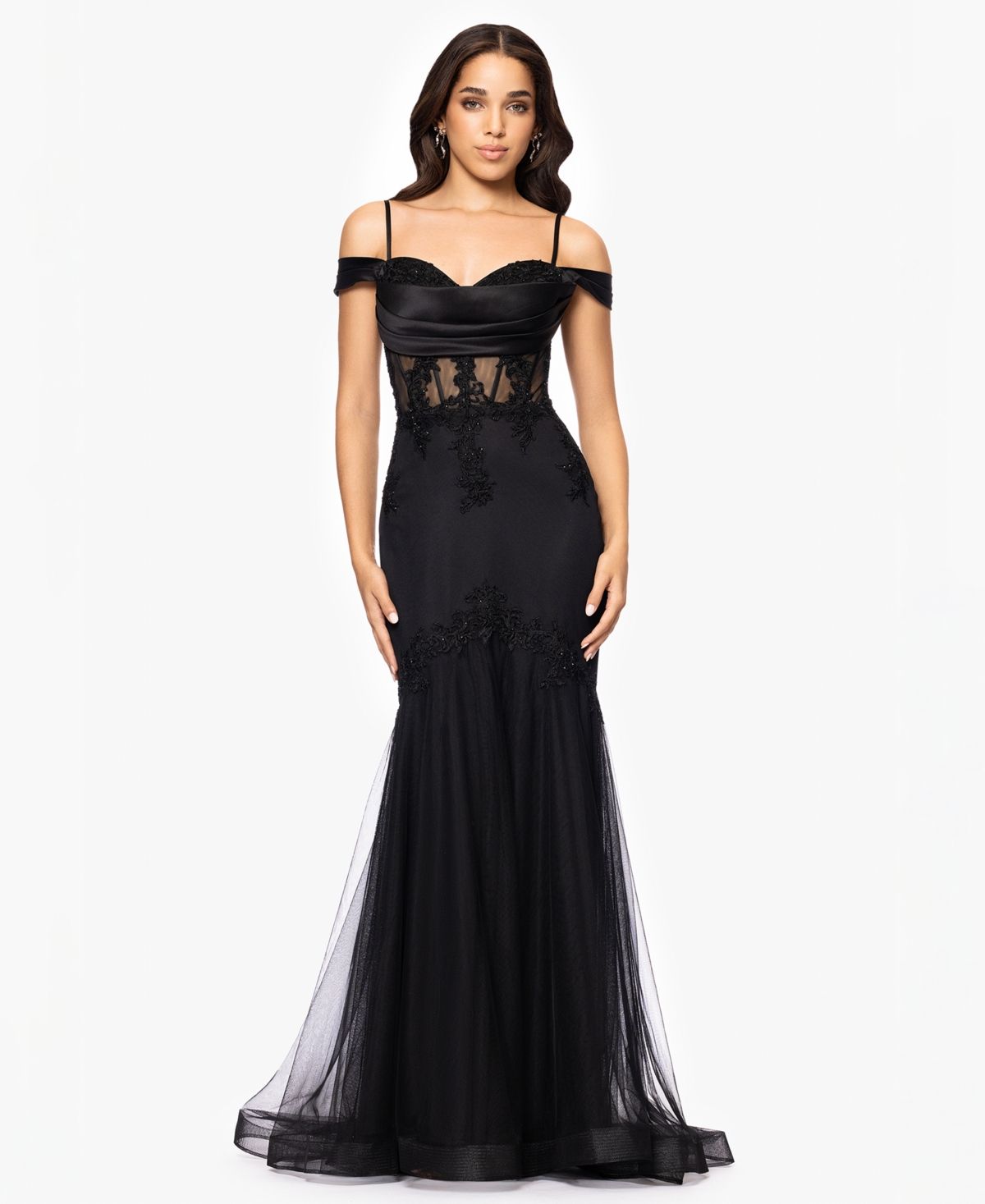Juniors' Glitter-Mesh Illusion-Corset Gown - Black